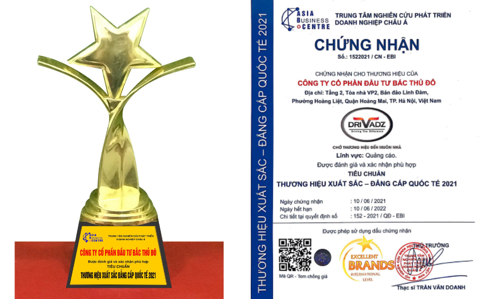 Drivadz vinh dự nhận giải “Thương hiệu xuất sắc – Đẳng cấp quốc tế” Drivadz vinh dự nhận giải “Thương hiệu xuất sắc – Đẳng cấp quốc tế”